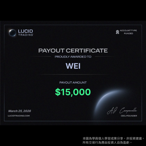 學員 $15,000 出金證書