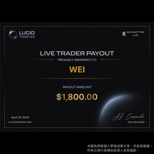 學員 $1,800 實盤出金證書